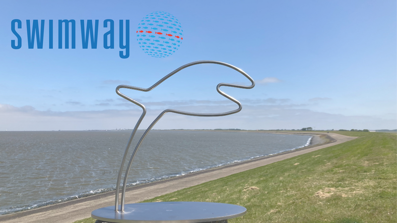 Sculpture of fish outline in front of dikeline. Waddenacademie.