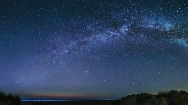 Starry night with milky way over beach and shore. Raymond Kamstra.