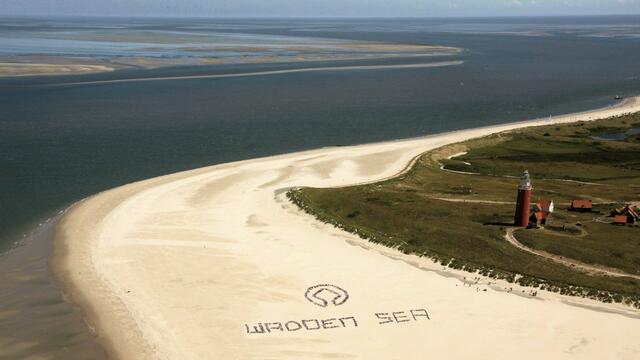 Group of people forming Wadden Sea in words and UNESCO tree at Wadden Sea beach. Pieter de Vries